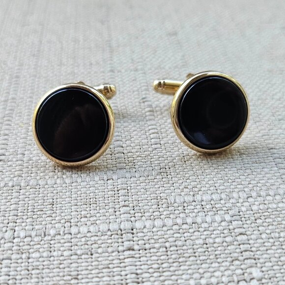 Men Shirt Cuff Links Gold Tone Fashion Men Jewelry Black Centered Cufflinks - Picture 10 of 11
